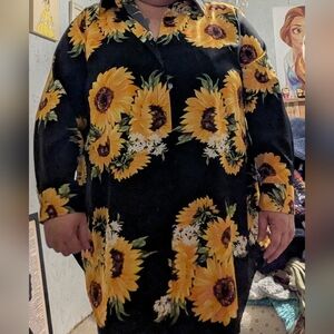 Sunflower Print Black Long Sleeve Button Up Shirt